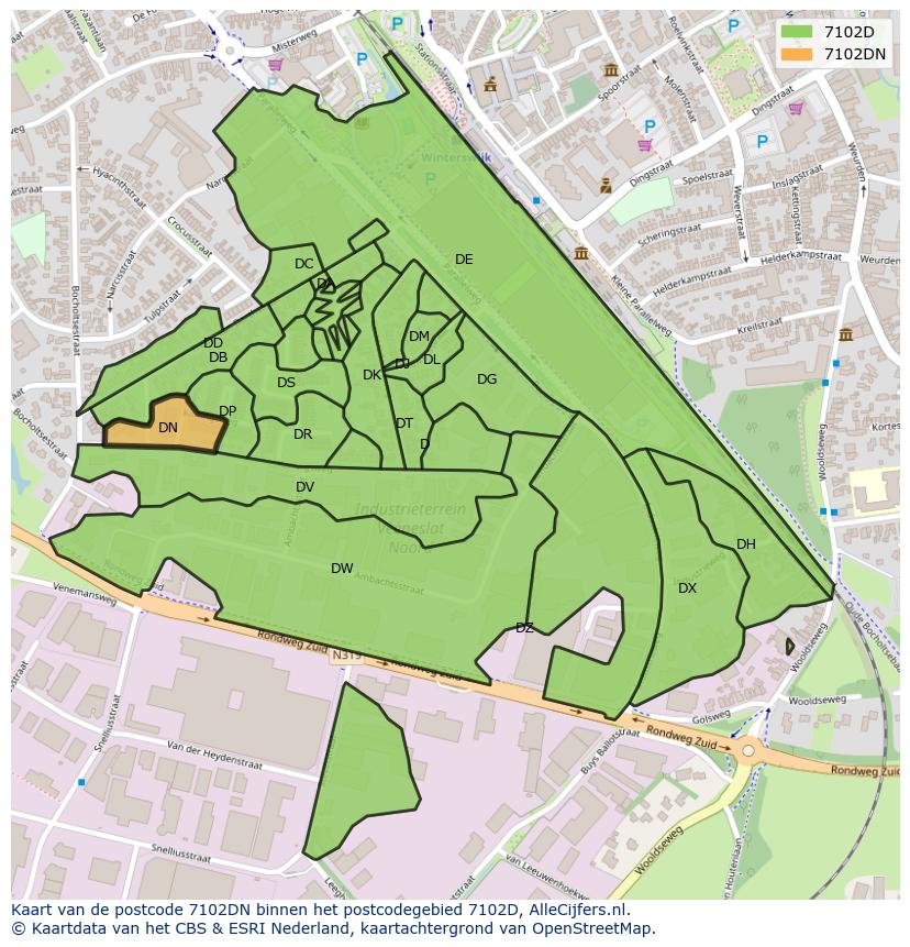 Afbeelding van het postcodegebied 7102 DN op de kaart.