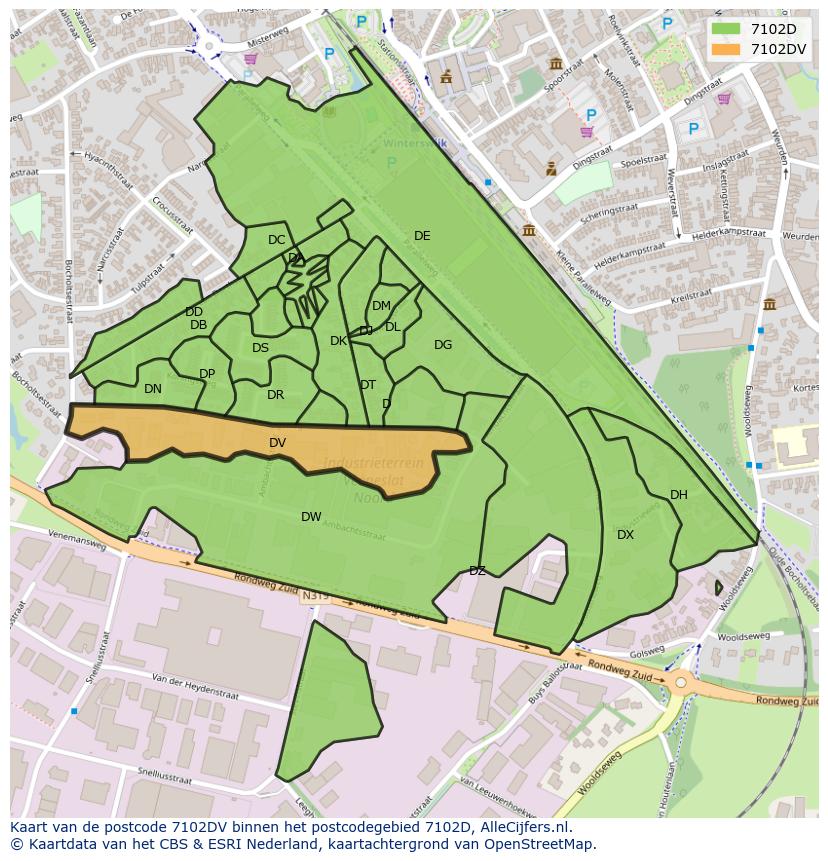 Afbeelding van het postcodegebied 7102 DV op de kaart.