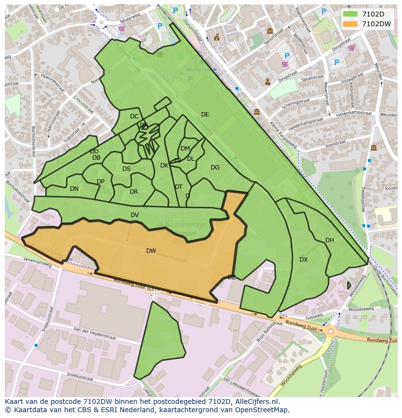 Afbeelding van het postcodegebied 7102 DW op de kaart.