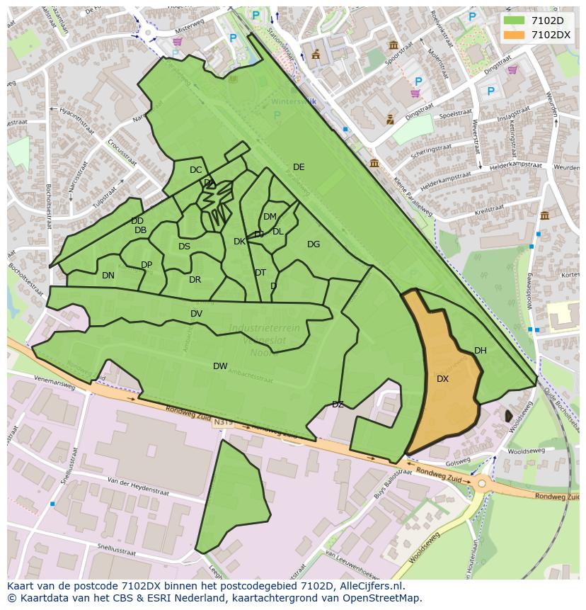 Afbeelding van het postcodegebied 7102 DX op de kaart.