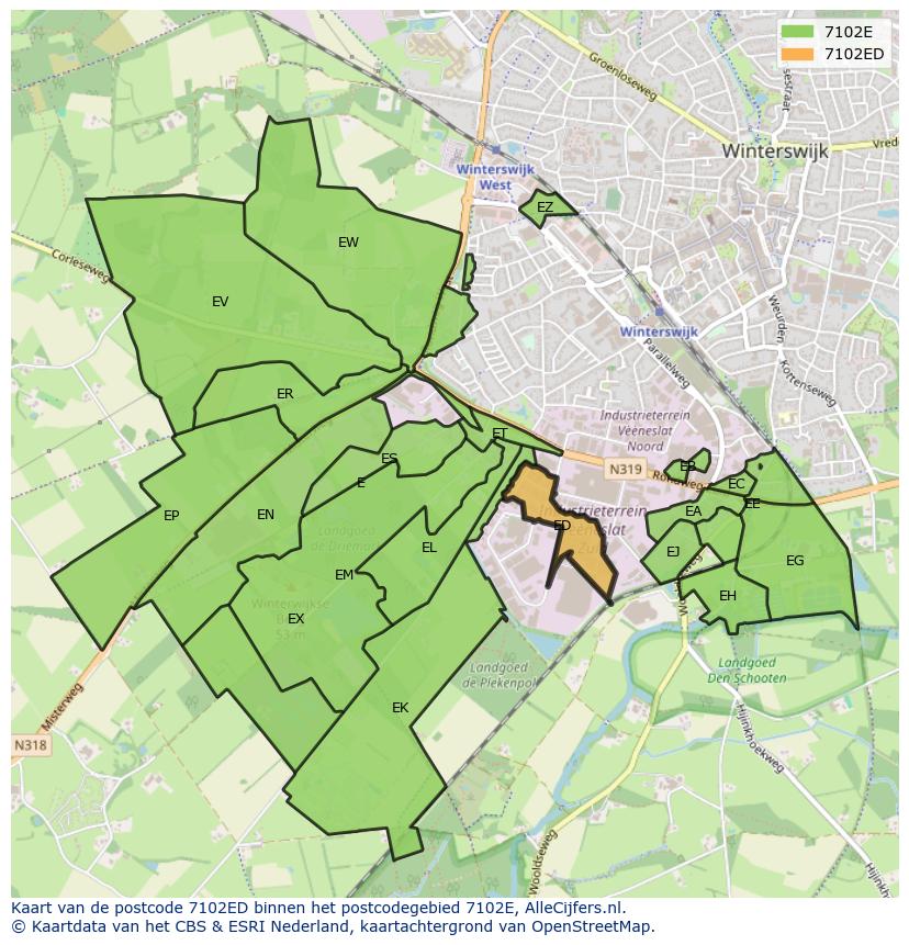 Afbeelding van het postcodegebied 7102 ED op de kaart.