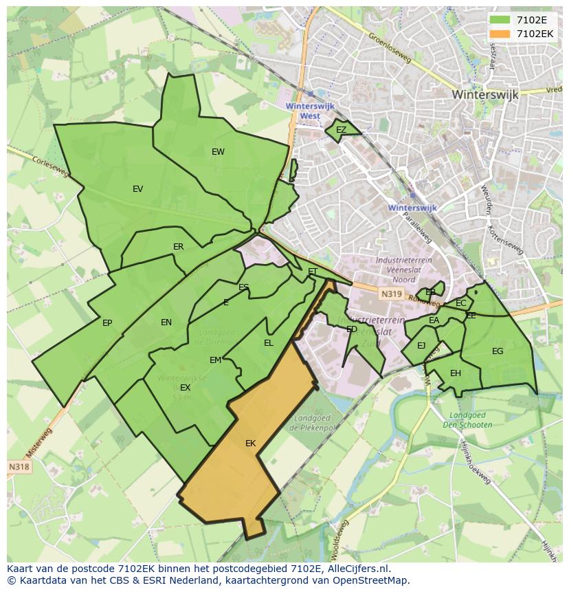 Afbeelding van het postcodegebied 7102 EK op de kaart.