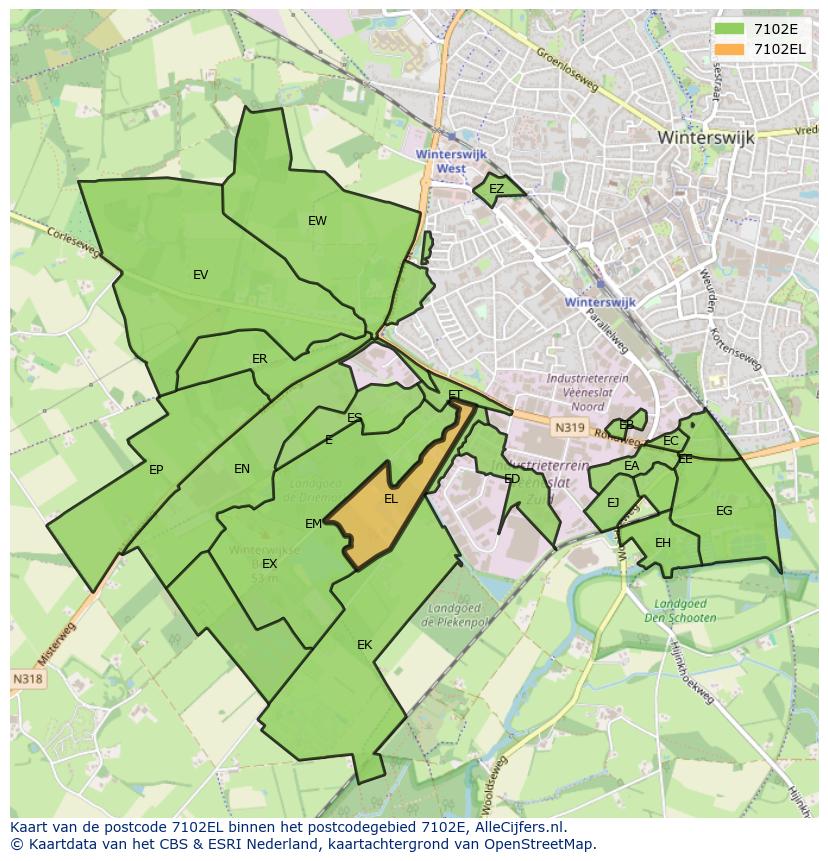 Afbeelding van het postcodegebied 7102 EL op de kaart.