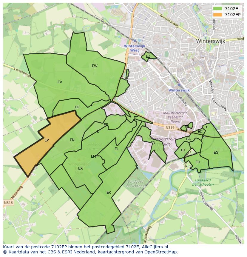 Afbeelding van het postcodegebied 7102 EP op de kaart.
