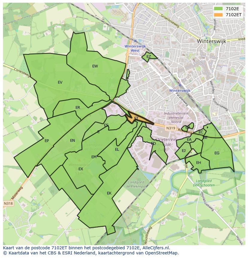 Afbeelding van het postcodegebied 7102 ET op de kaart.