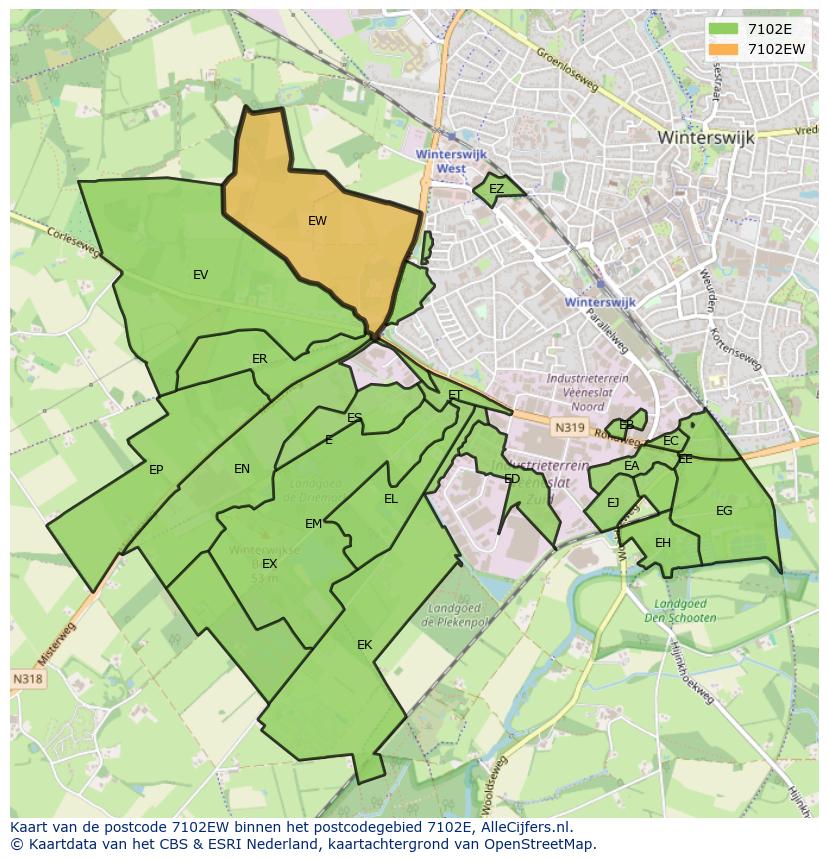 Afbeelding van het postcodegebied 7102 EW op de kaart.