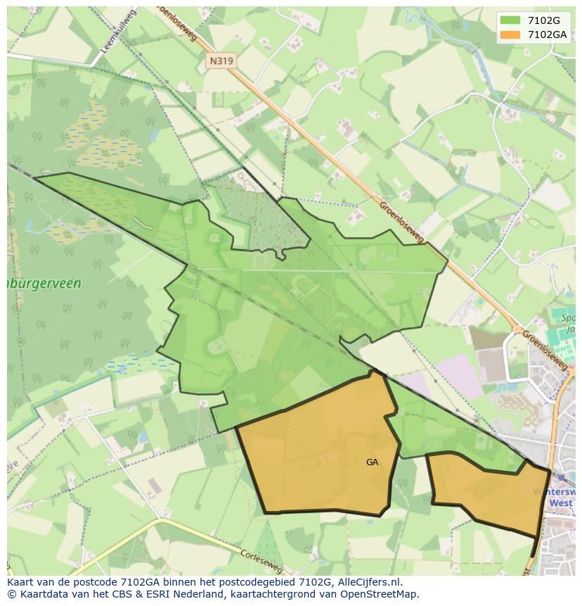 Afbeelding van het postcodegebied 7102 GA op de kaart.