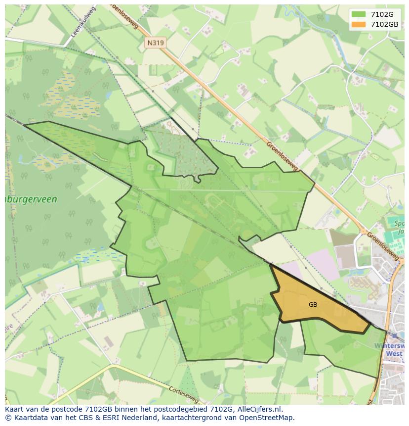Afbeelding van het postcodegebied 7102 GB op de kaart.