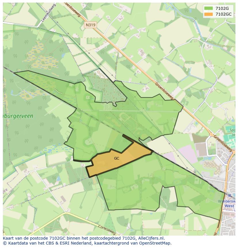 Afbeelding van het postcodegebied 7102 GC op de kaart.