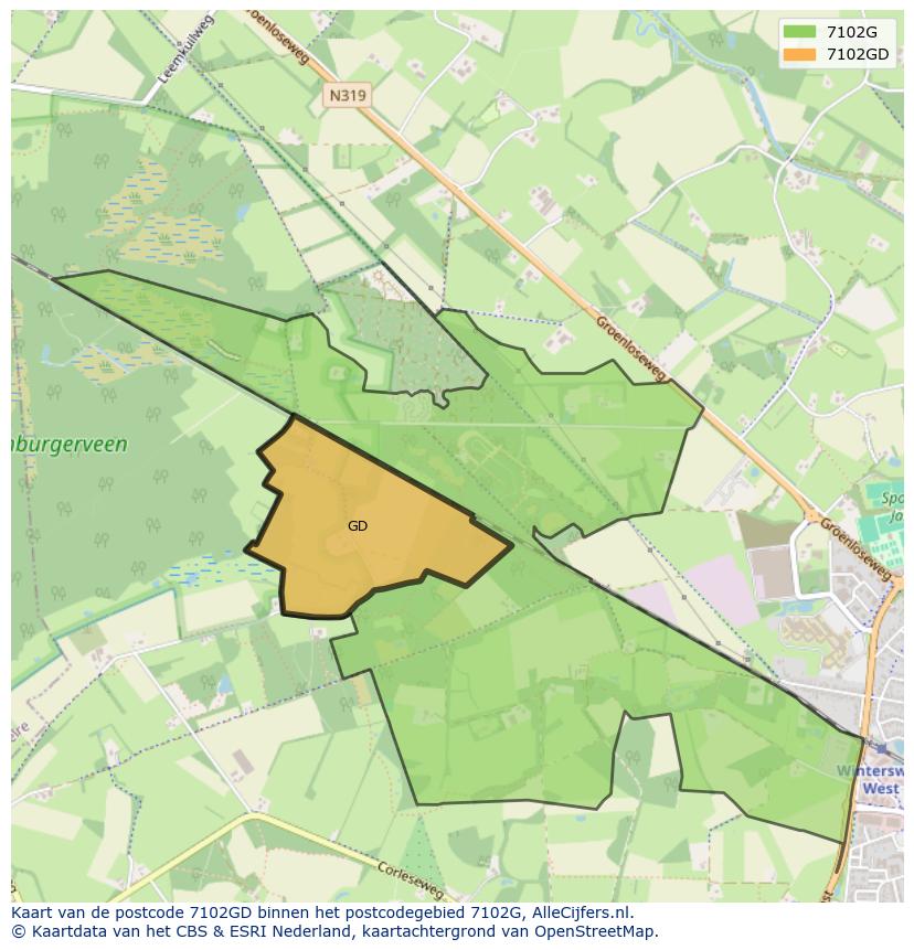 Afbeelding van het postcodegebied 7102 GD op de kaart.