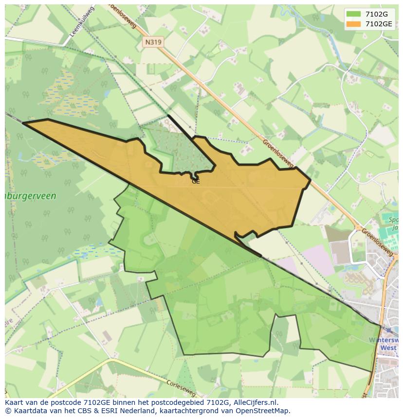 Afbeelding van het postcodegebied 7102 GE op de kaart.