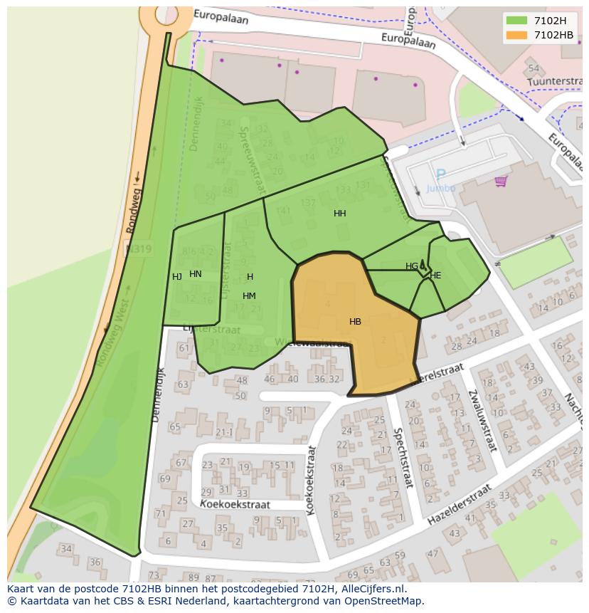 Afbeelding van het postcodegebied 7102 HB op de kaart.