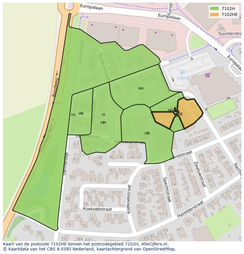 Afbeelding van het postcodegebied 7102 HE op de kaart.