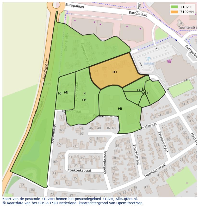 Afbeelding van het postcodegebied 7102 HH op de kaart.