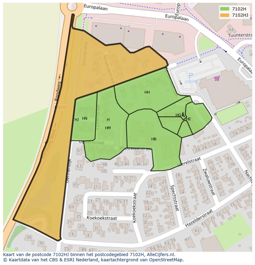 Afbeelding van het postcodegebied 7102 HJ op de kaart.