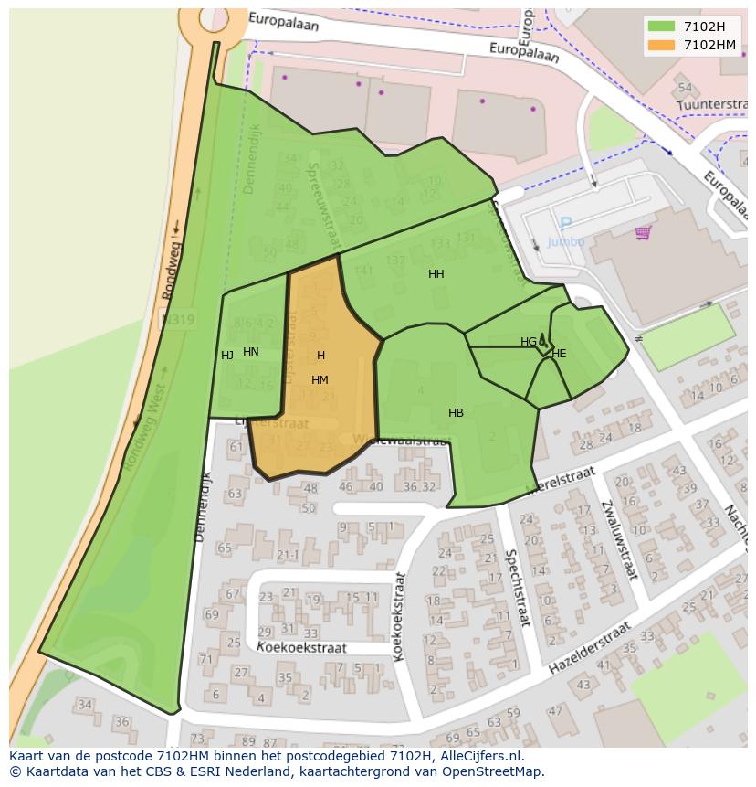 Afbeelding van het postcodegebied 7102 HM op de kaart.