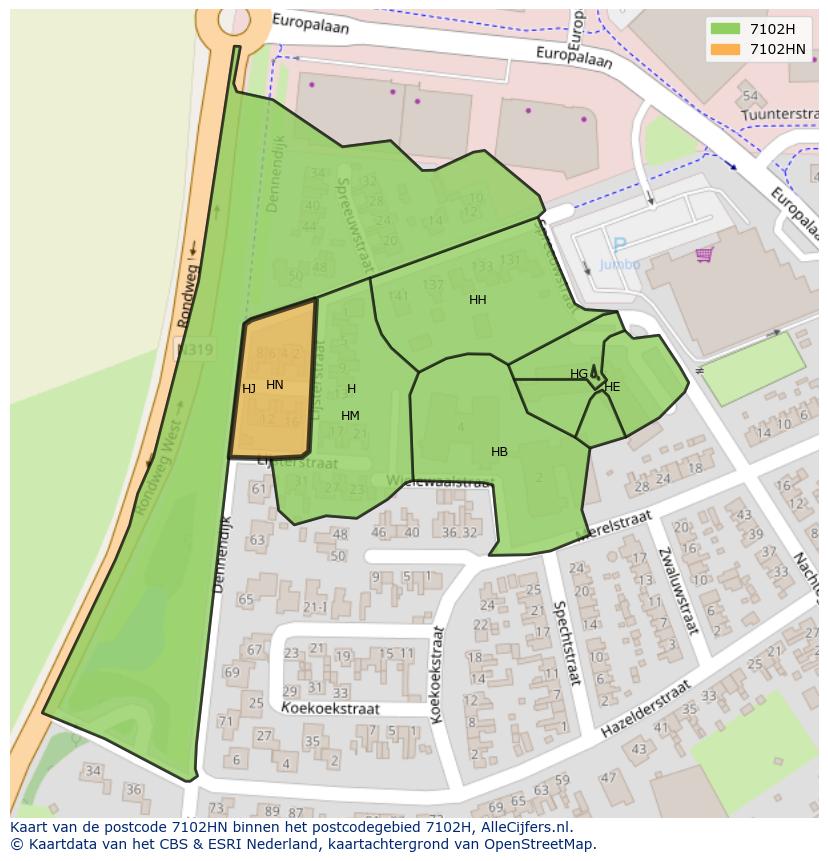 Afbeelding van het postcodegebied 7102 HN op de kaart.