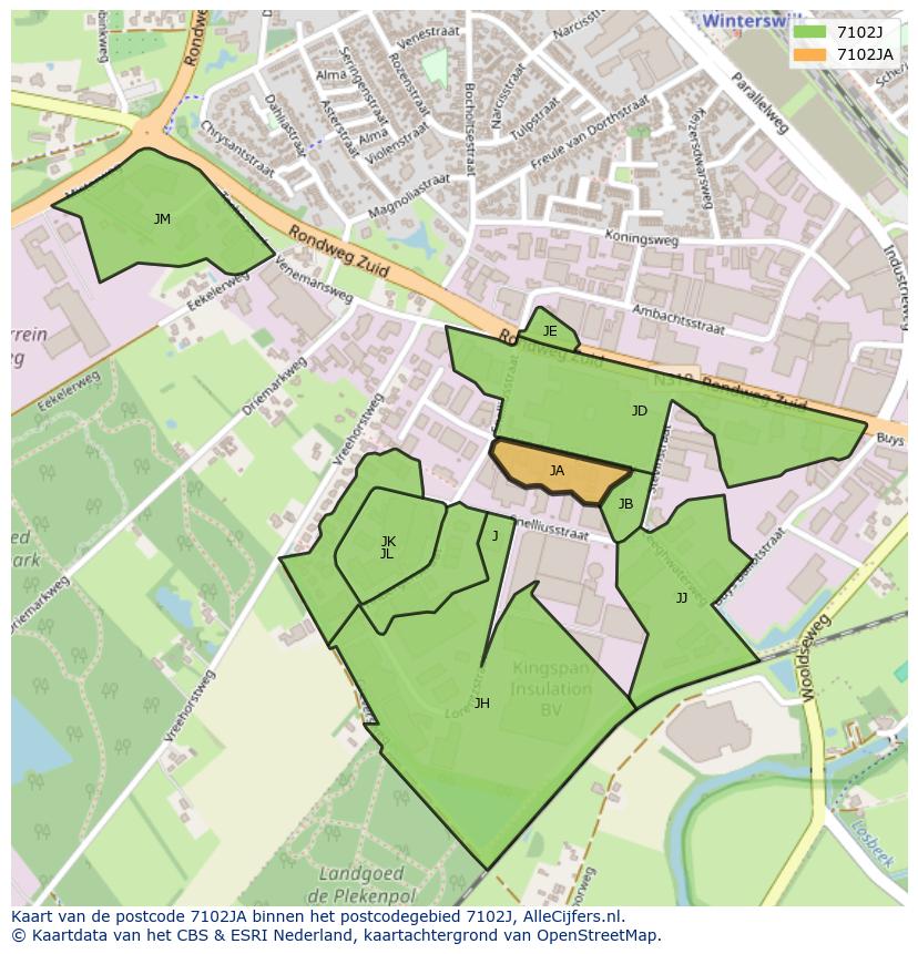 Afbeelding van het postcodegebied 7102 JA op de kaart.