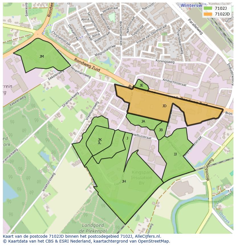 Afbeelding van het postcodegebied 7102 JD op de kaart.