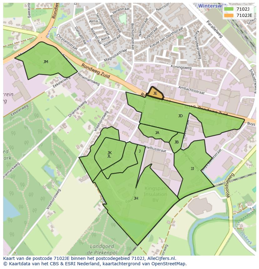Afbeelding van het postcodegebied 7102 JE op de kaart.