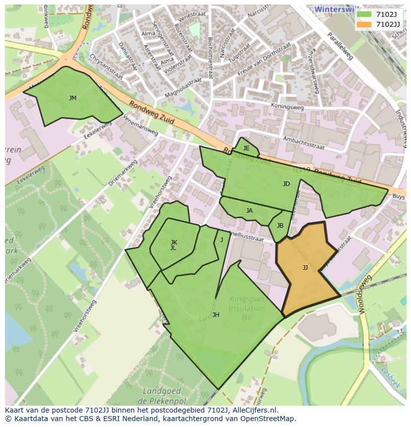 Afbeelding van het postcodegebied 7102 JJ op de kaart.