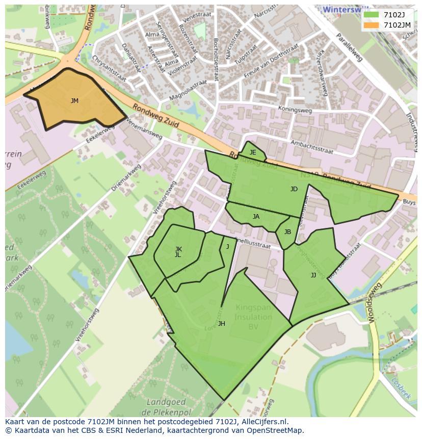 Afbeelding van het postcodegebied 7102 JM op de kaart.