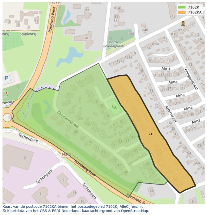 Afbeelding van het postcodegebied 7102 KA op de kaart.