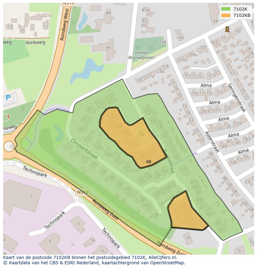Afbeelding van het postcodegebied 7102 KB op de kaart.