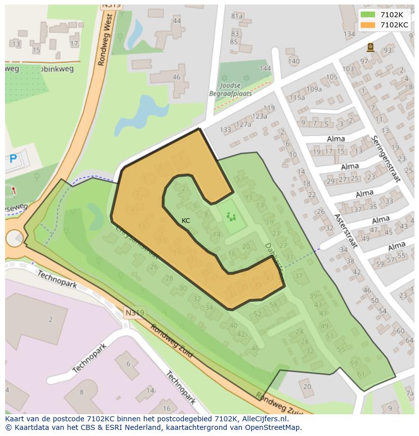 Afbeelding van het postcodegebied 7102 KC op de kaart.