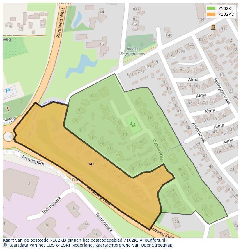 Afbeelding van het postcodegebied 7102 KD op de kaart.