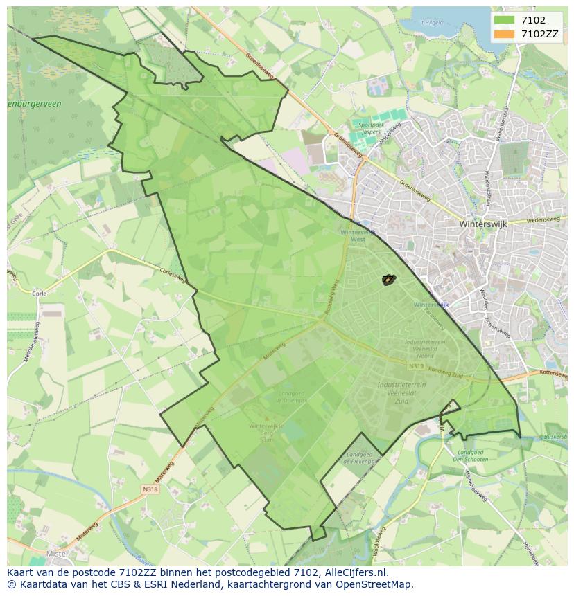 Afbeelding van het postcodegebied 7102 ZZ op de kaart.