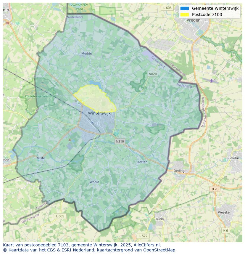 Afbeelding van het postcodegebied 7103 op de kaart.