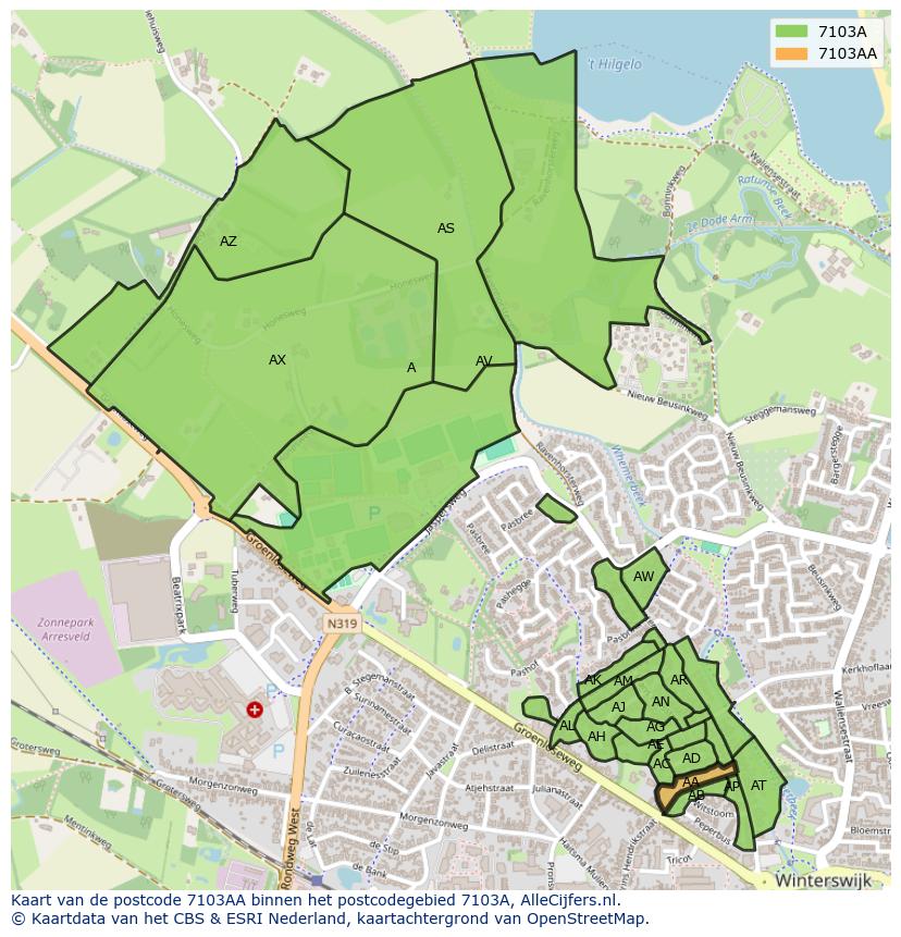 Afbeelding van het postcodegebied 7103 AA op de kaart.