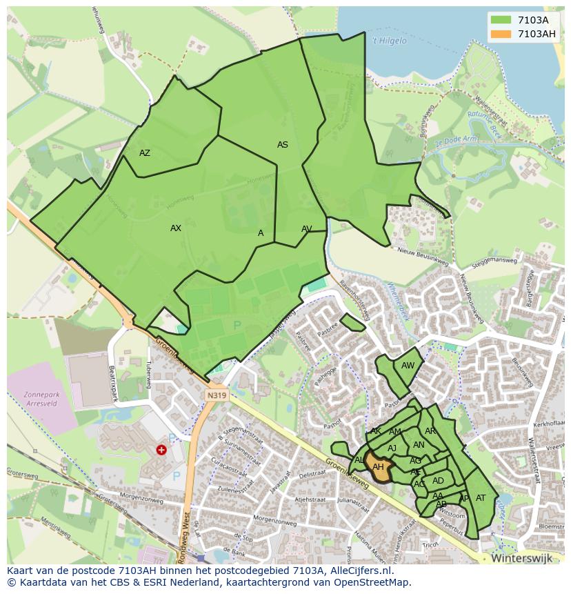 Afbeelding van het postcodegebied 7103 AH op de kaart.