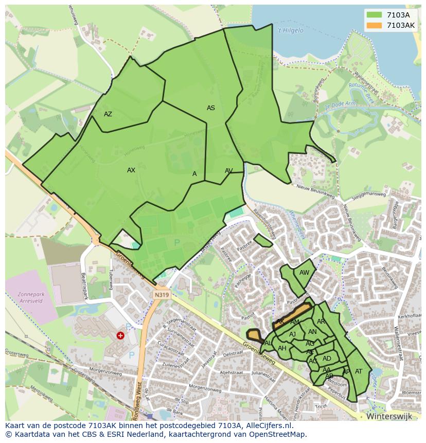 Afbeelding van het postcodegebied 7103 AK op de kaart.