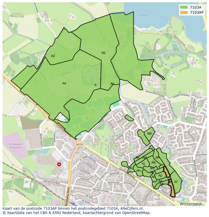 Afbeelding van het postcodegebied 7103 AP op de kaart.