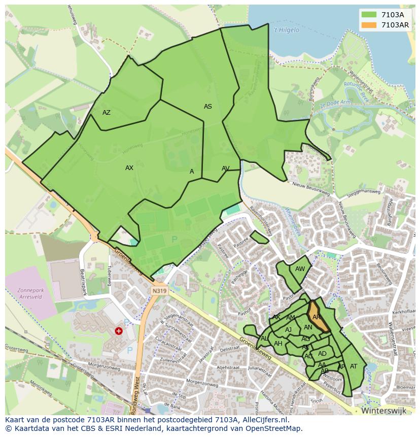 Afbeelding van het postcodegebied 7103 AR op de kaart.