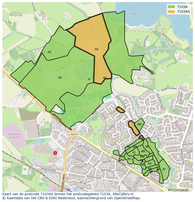 Afbeelding van het postcodegebied 7103 AS op de kaart.