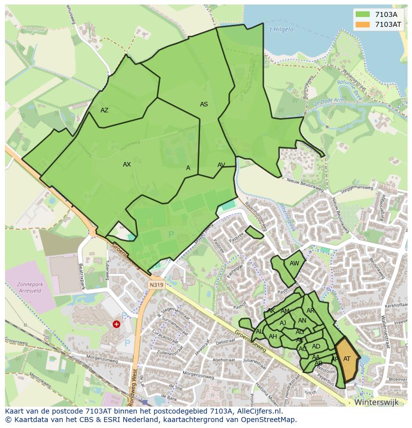 Afbeelding van het postcodegebied 7103 AT op de kaart.
