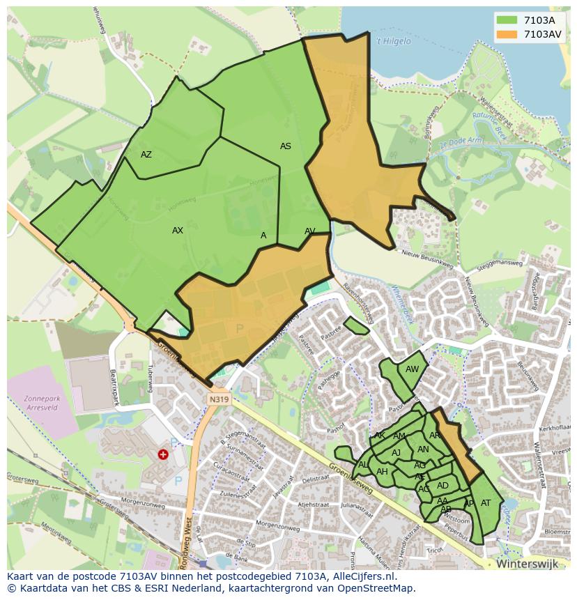 Afbeelding van het postcodegebied 7103 AV op de kaart.