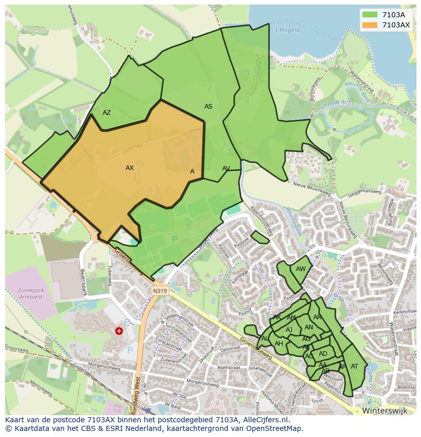 Afbeelding van het postcodegebied 7103 AX op de kaart.