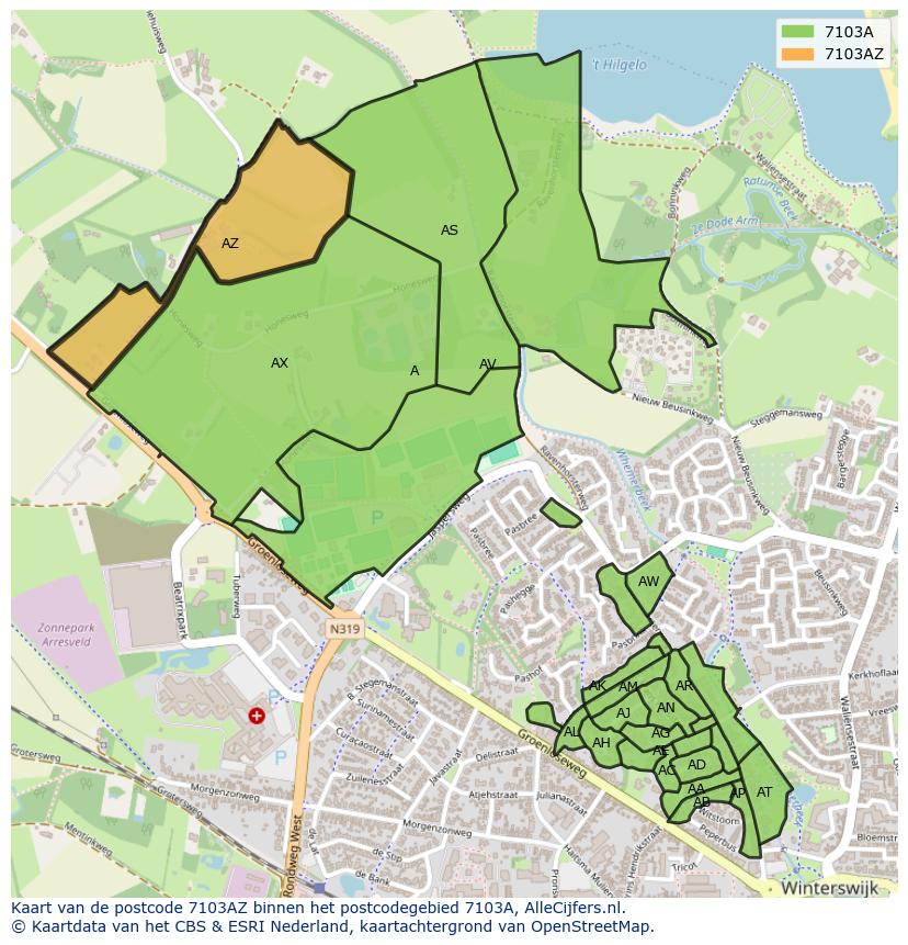 Afbeelding van het postcodegebied 7103 AZ op de kaart.