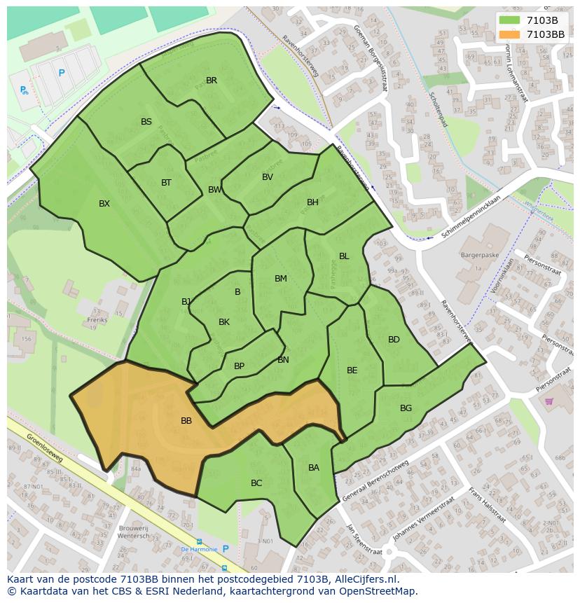 Afbeelding van het postcodegebied 7103 BB op de kaart.