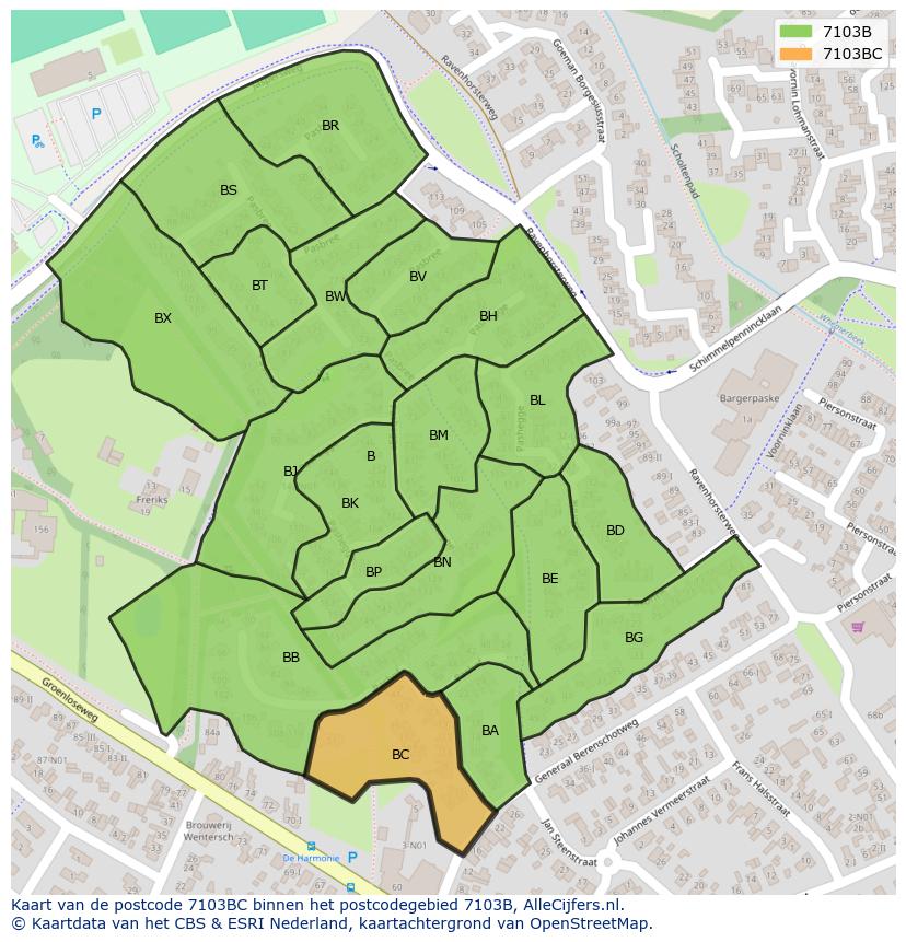 Afbeelding van het postcodegebied 7103 BC op de kaart.