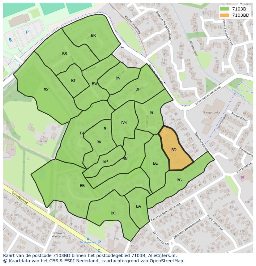 Afbeelding van het postcodegebied 7103 BD op de kaart.