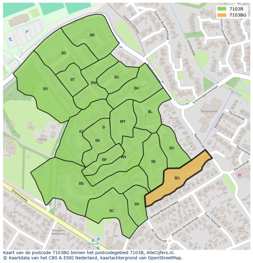 Afbeelding van het postcodegebied 7103 BG op de kaart.