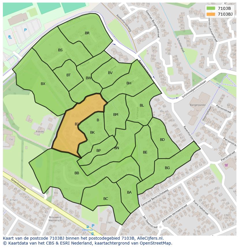 Afbeelding van het postcodegebied 7103 BJ op de kaart.