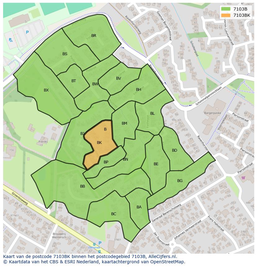 Afbeelding van het postcodegebied 7103 BK op de kaart.