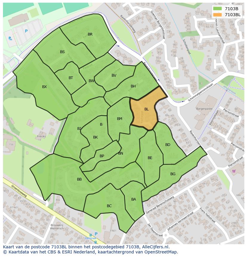 Afbeelding van het postcodegebied 7103 BL op de kaart.