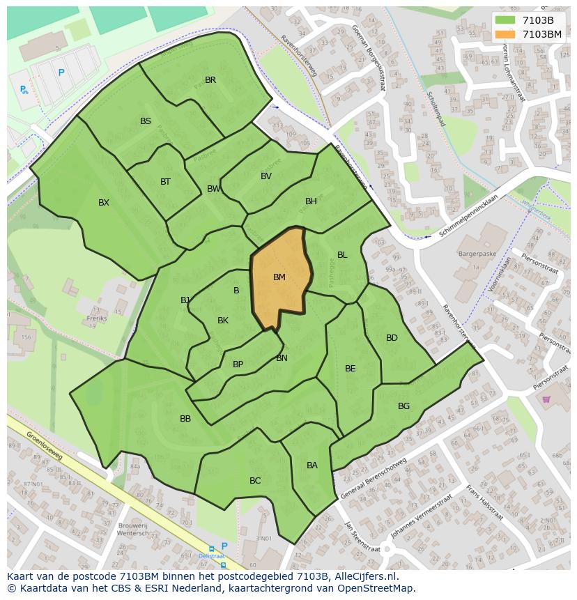 Afbeelding van het postcodegebied 7103 BM op de kaart.